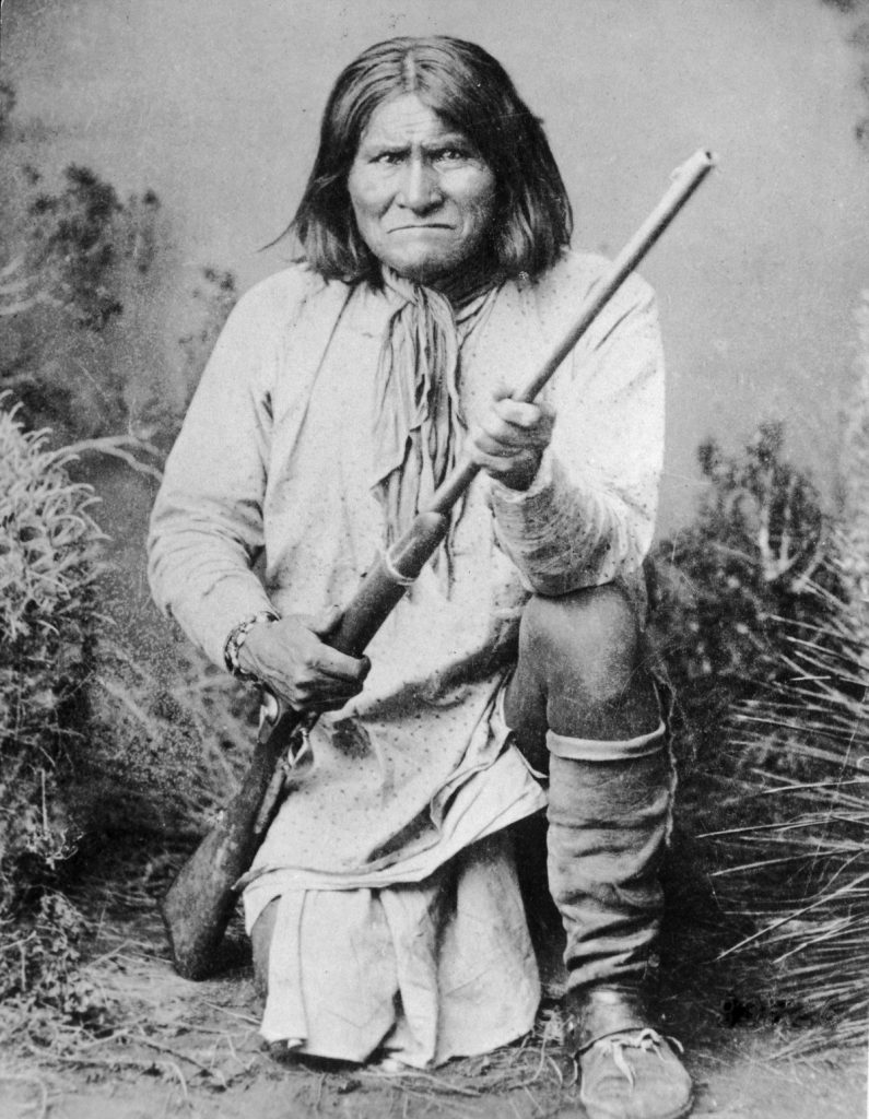 circa 1905: Geronimo (c. 1829-1909). Leader of the Chiricahua Apache tribe in Arizona. After the Chiricahua Reservation was abolished in1876, he repeatedly led raids against white settlers, was captured and escaped. He surrendered in 1886 and was deported with his followers as prisoners of war to Florida and later to Fort Sill, Oklahoma. He later became a Christian and a prosperous farmer. (Photo by Hulton Archive/Getty Images)